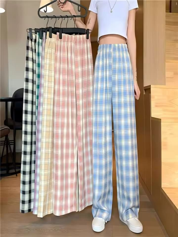 Plaid Pants Women Casual Loose Wide Leg Trousers no Pocket Ins Retro Teens Straight Trousers Hip-hop Unisex Streetwear