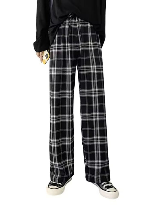 Plaid Pants Women Casual Loose Wide Leg Trousers no Pocket Ins Retro Teens Straight Trousers Hip-hop Unisex Streetwear